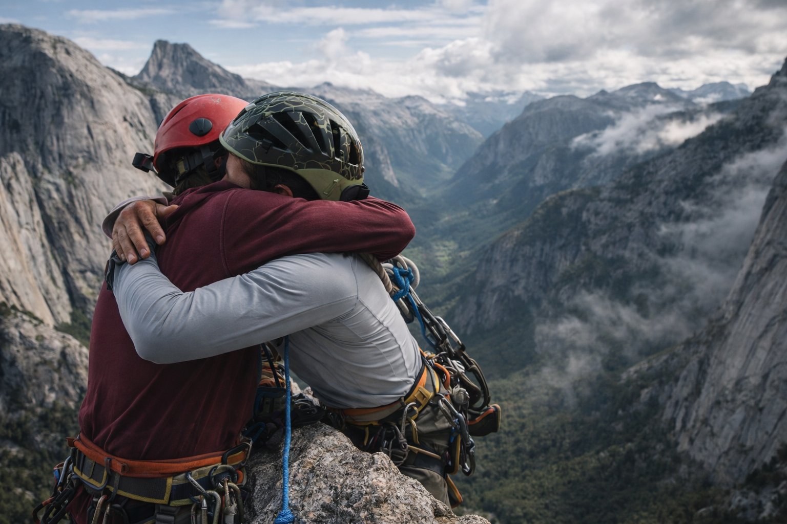Two climbers embracing at the summit, Cochamó valley below