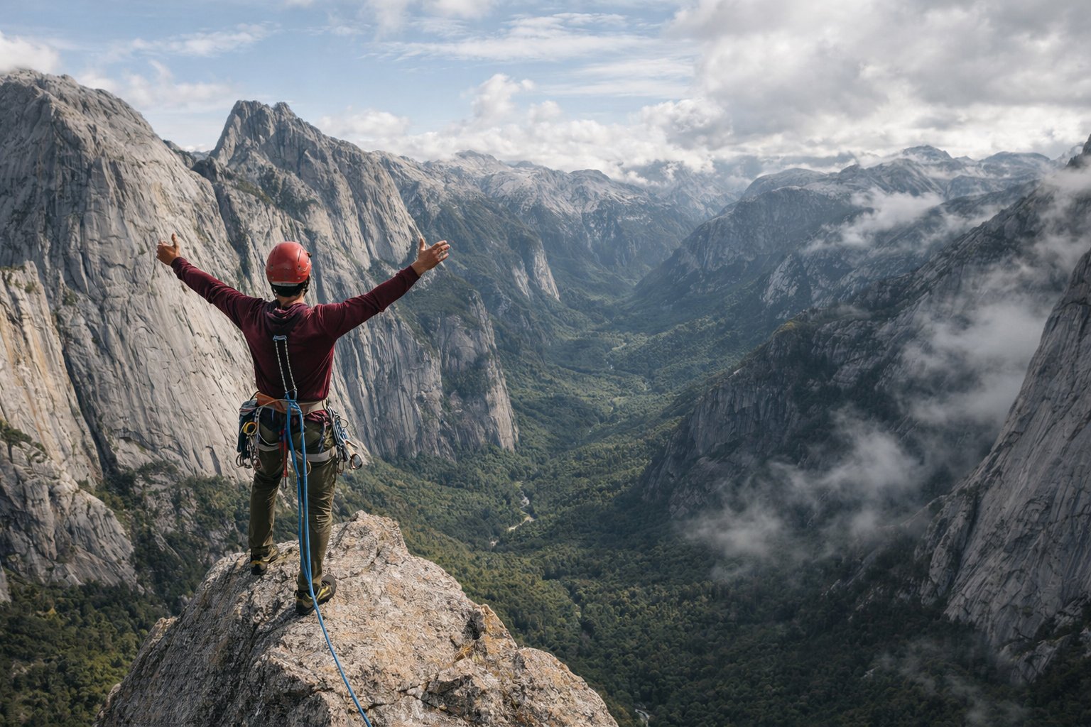 Climber overlooking the Cochamó valley from a granite summit